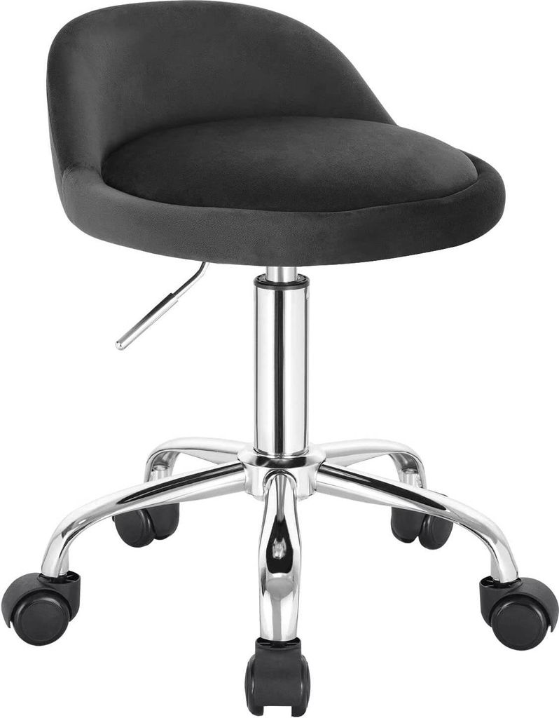 A studio shot of a dark gray office stool with a chrome base and wheels.
