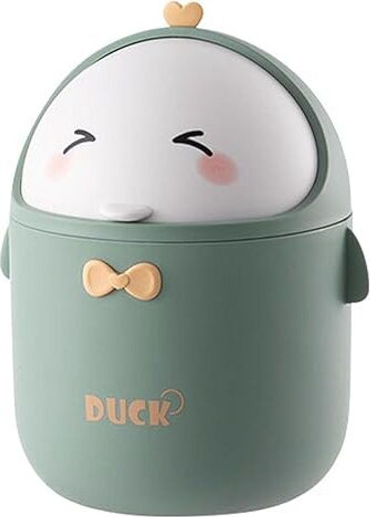 A cute cartoon-style trash can shaped like a duck.