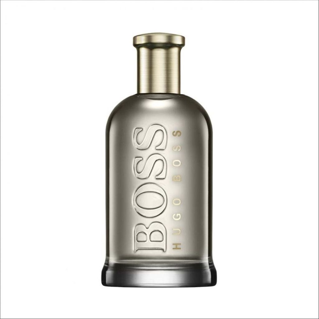 A studio shot of a Hugo Boss perfume bottle against a white background.