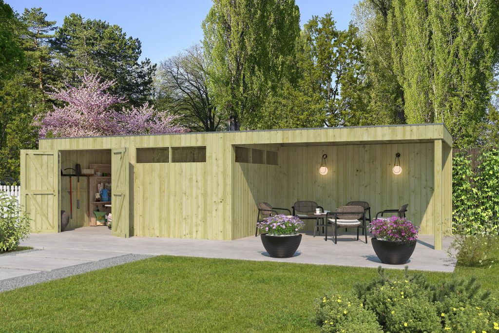 Gartenhaus Modell QBV-Line 14,90 m² + 400 cm Anbau