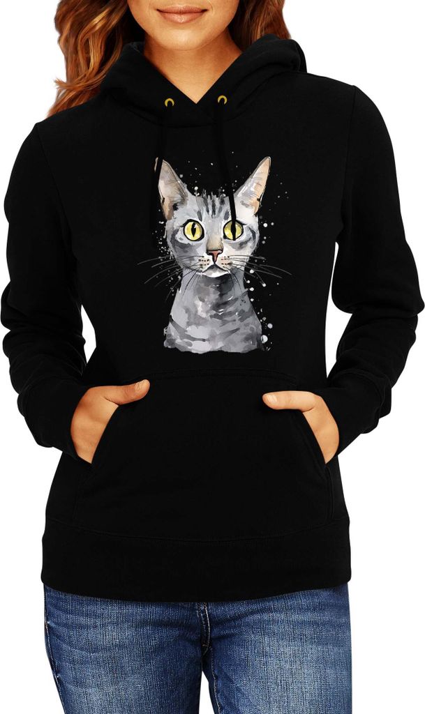 Damen Kapuzenpullover Funny Cats Breeds Egyptian Mau Cat 021, Lady M / Schwarz