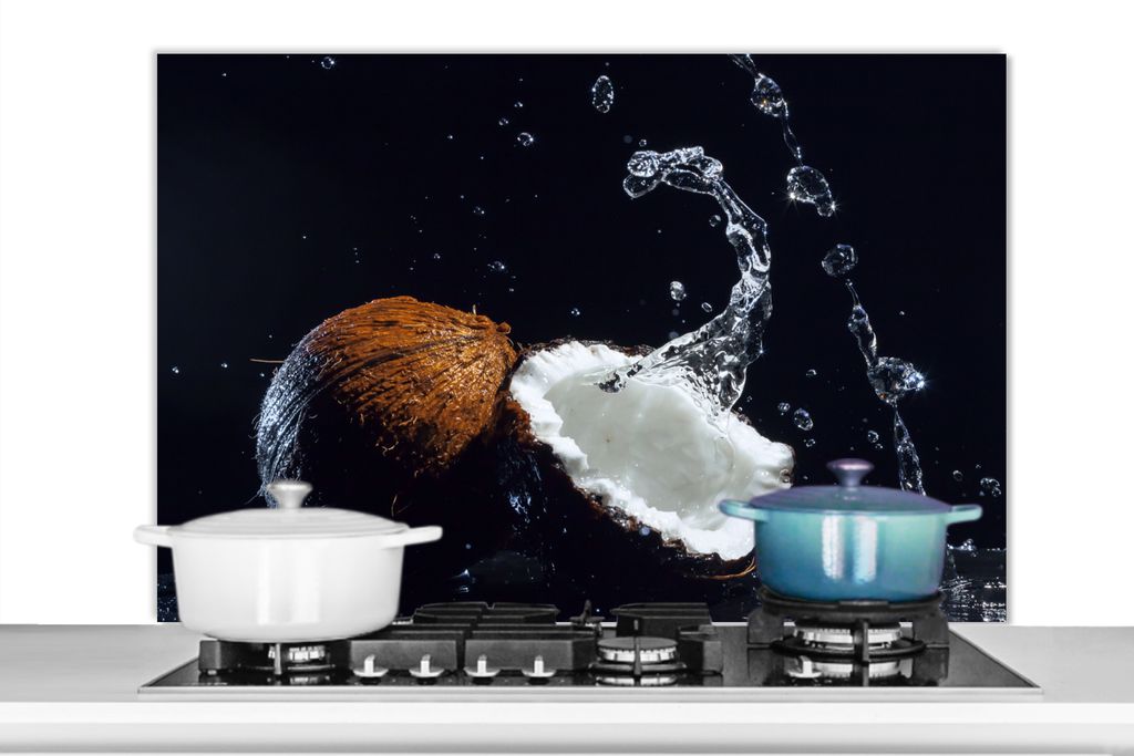 KitchenYeah Spritzschutz Küche - Küchenrückwand - Wandschutz für Herd und Spüle - Kokosnuss - Stilleben - Wasser - Schwarz - Frucht 100x65 -...