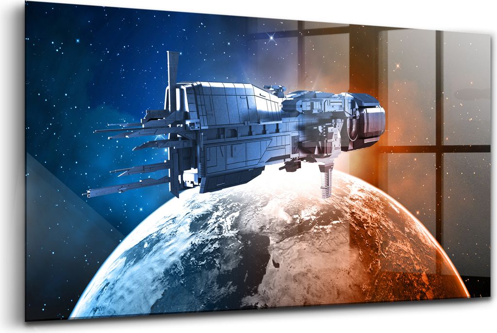 Wandmalerei auf Glas- Wanddekoration aus Glas - 120x60 - Raumschiff auf einem Planetenhintergrund