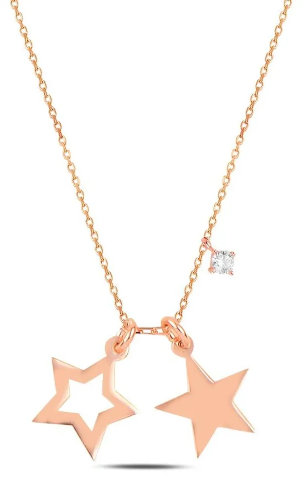 Collier Double Étoile Argent 925 Plaqué Or Rose et Zirconium Brillant