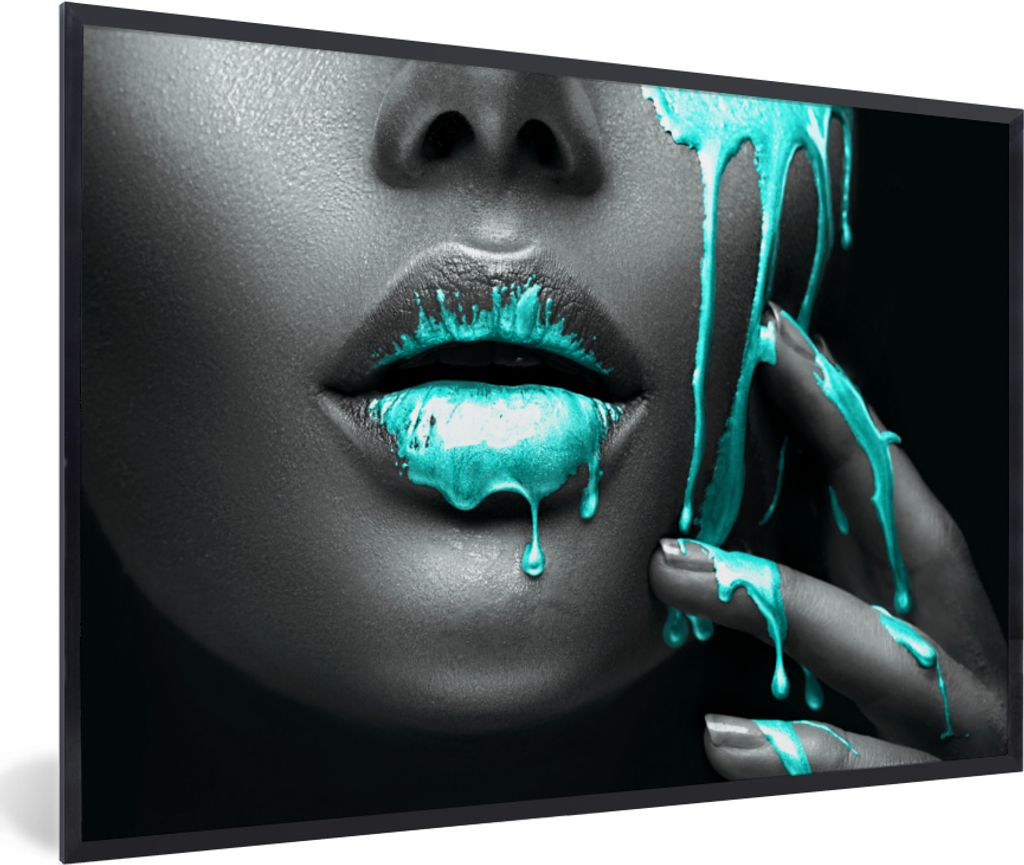 MuchoWow MuchoWow Gerahmtes Poster Lippen - Blau - Schwarz 30x20 cm - Poster mit zchwarzem Bilderrahmen - Kunstdruck - Bild-Poster