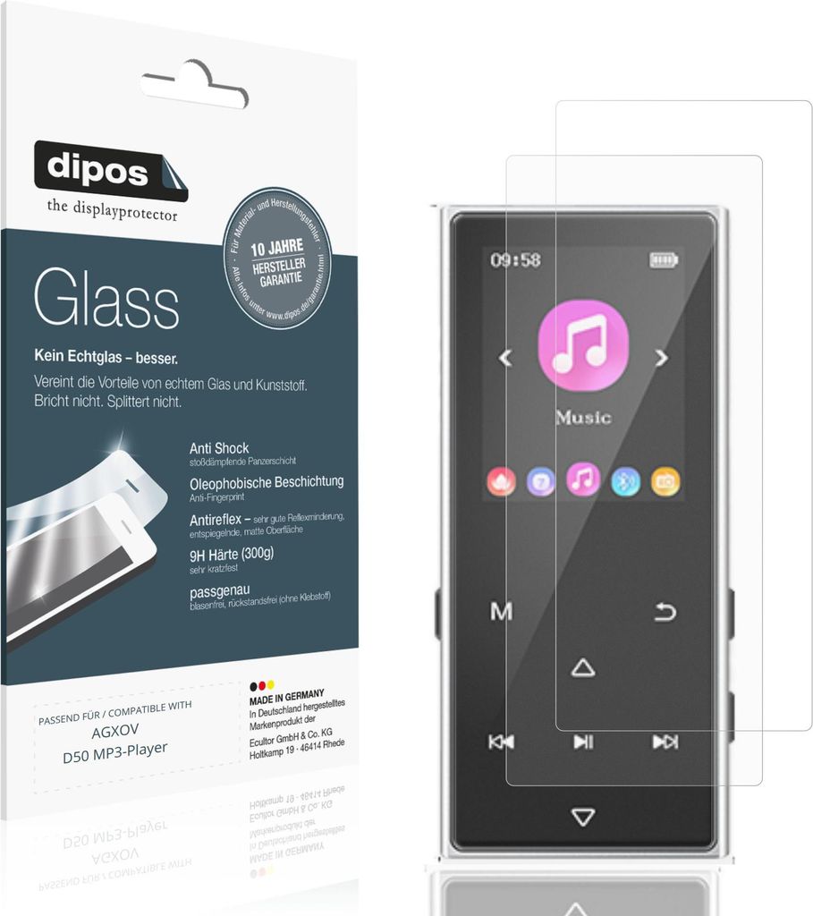 2x Schutzfolie für AGXOV D50 MP3-Player matt - Anti-Shock 9H Folie dipos Glass Kunststoffglas