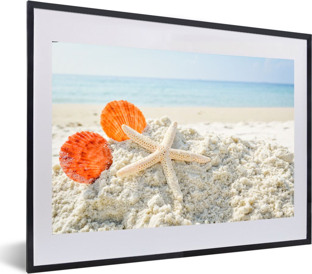 MuchoWow MuchoWow Gerahmtes Poster Muscheln - Seesterne - Sand 60x40 cm - Poster mit zchwarzem Bilderrahmen - Schlafzimmer - Plakat in Rahmen -...