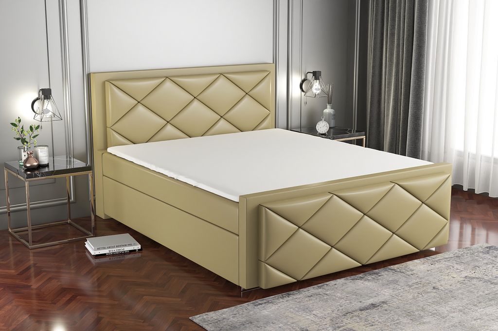 Boxspringbett SAXI 200 x 200 mit 2 Bettkästen, Bonell-Matratze und Topper. Farbe: Hellbraun