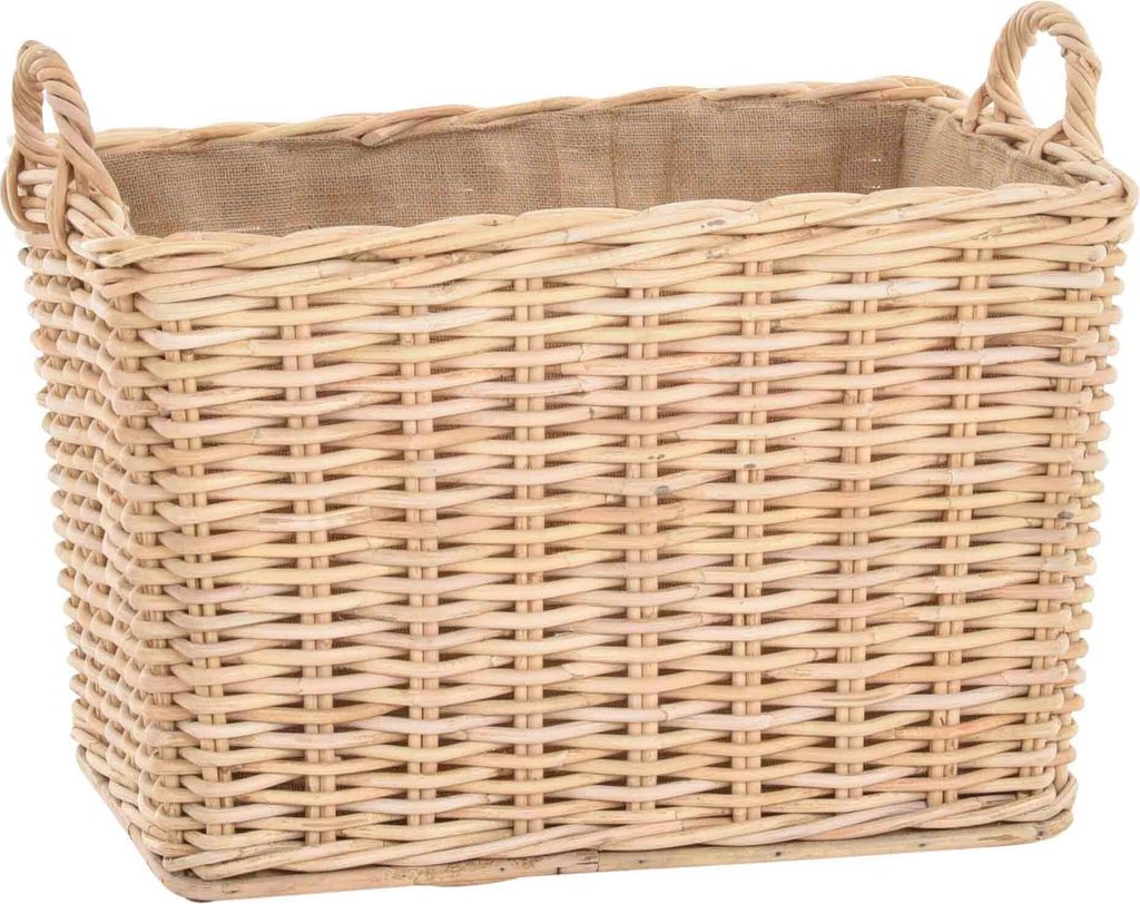 KRINES HOME Stabiler Kaminholzkorb, Flechtkorb mit eingearbeitetem Jutestoff/Holzkorb Kaminkorb aus unbehandeltem Natur-Rattan Hell