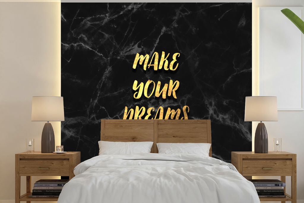 MuchoWow Fototapete für Wohnzimmer oder Schlafzimmer Wandtapete Vinyl Motivtapete Zitate - Traum - Gold - Marmor - 220x220 cm - Tapeten