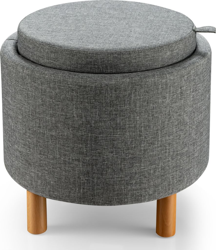 A gray fabric ottoman with wooden legs is shown against a white background.