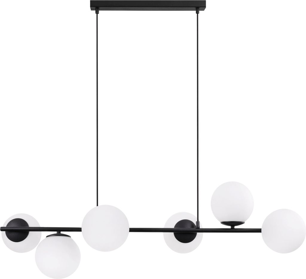 A modern black chandelier with six white globe-shaped lights.
