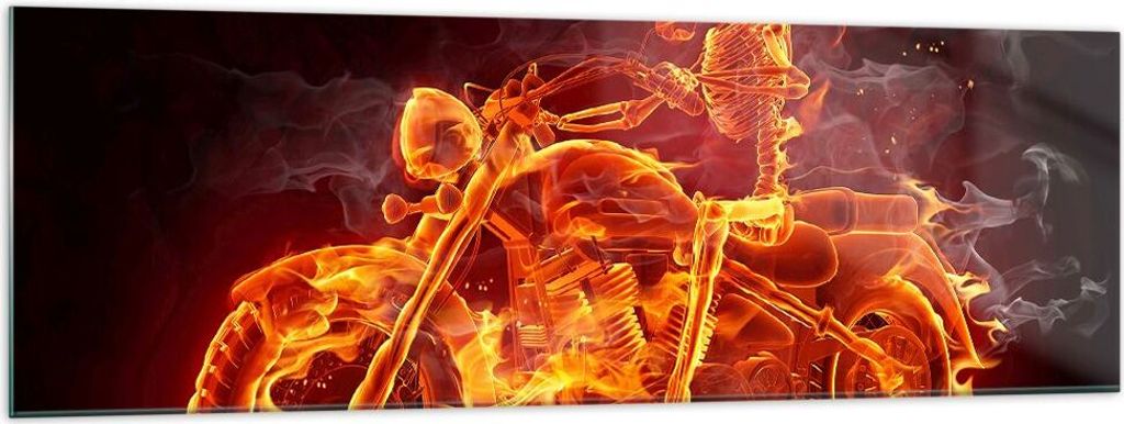 Bilder auf glas - Motorrad Flammen Skelett - 160x50cm - Glasbilder - Wandbilder - Kunstdruck - zum Aufhängen bereit - Wanddekoration aus Glas - Gl...