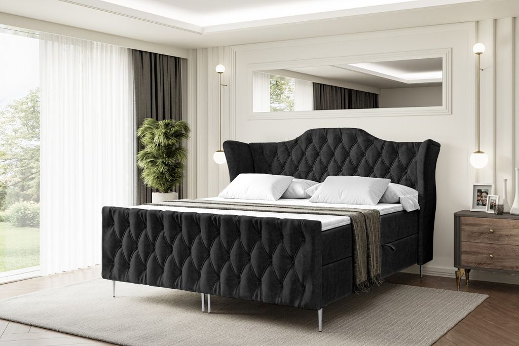 ALTDECOR Boxspringbett mit Silber Füßen, Matratze und Lattenrost, Topper, Fußteil, Polsterbett mit Bettkasten, Bett mit Stauraum H4-Matratze, Do...