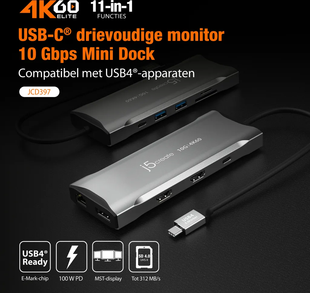 Station d'accueil USB-C Multi-Écran j5create JCD397-N de 100W Gris - 12