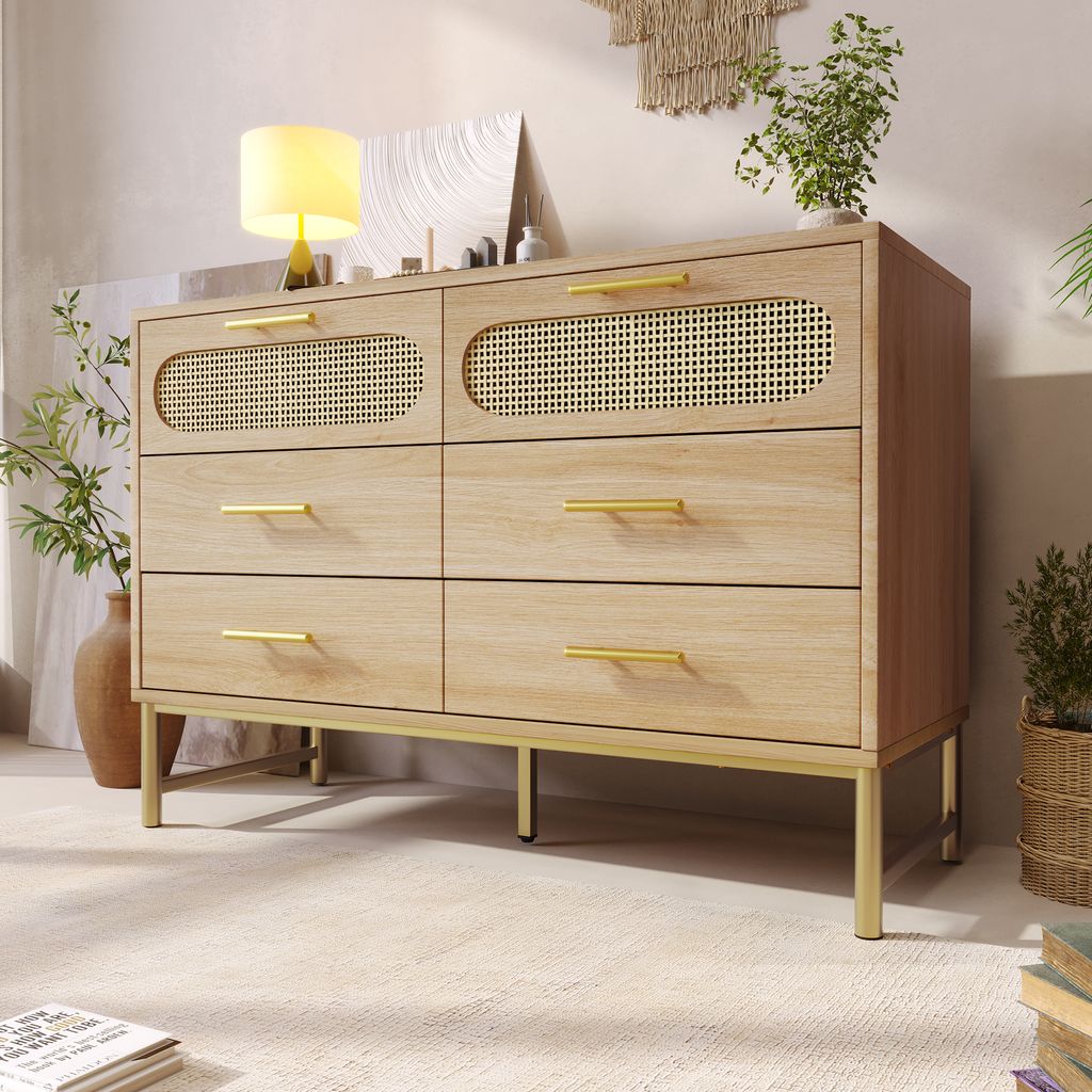 Rattan kommode Sideboard mit 3-Schubladen und 2-Rattan-Türer,komodenschrank, Schminktisch, für Schlafzimmer und Wohnzimmer, Verstellbare Regale