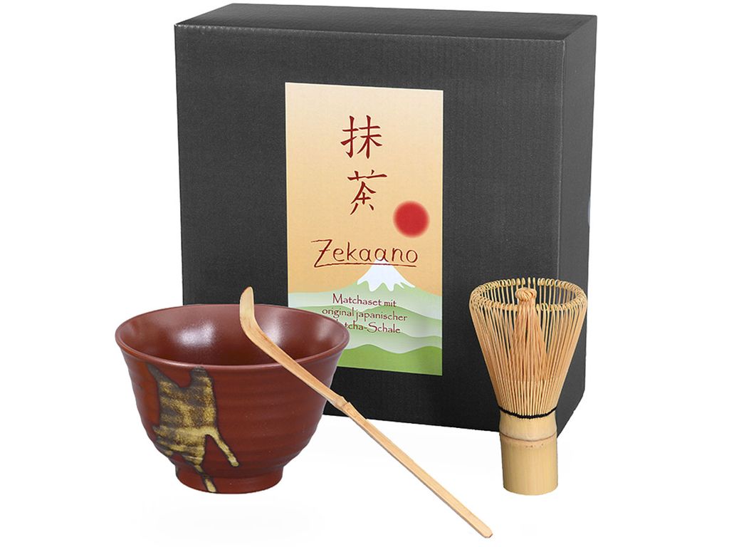 Matcha Set / Matchaset mit original japanischer Matcha Schale 350ml rot/braun Besen, Löffel in Geschenkbox