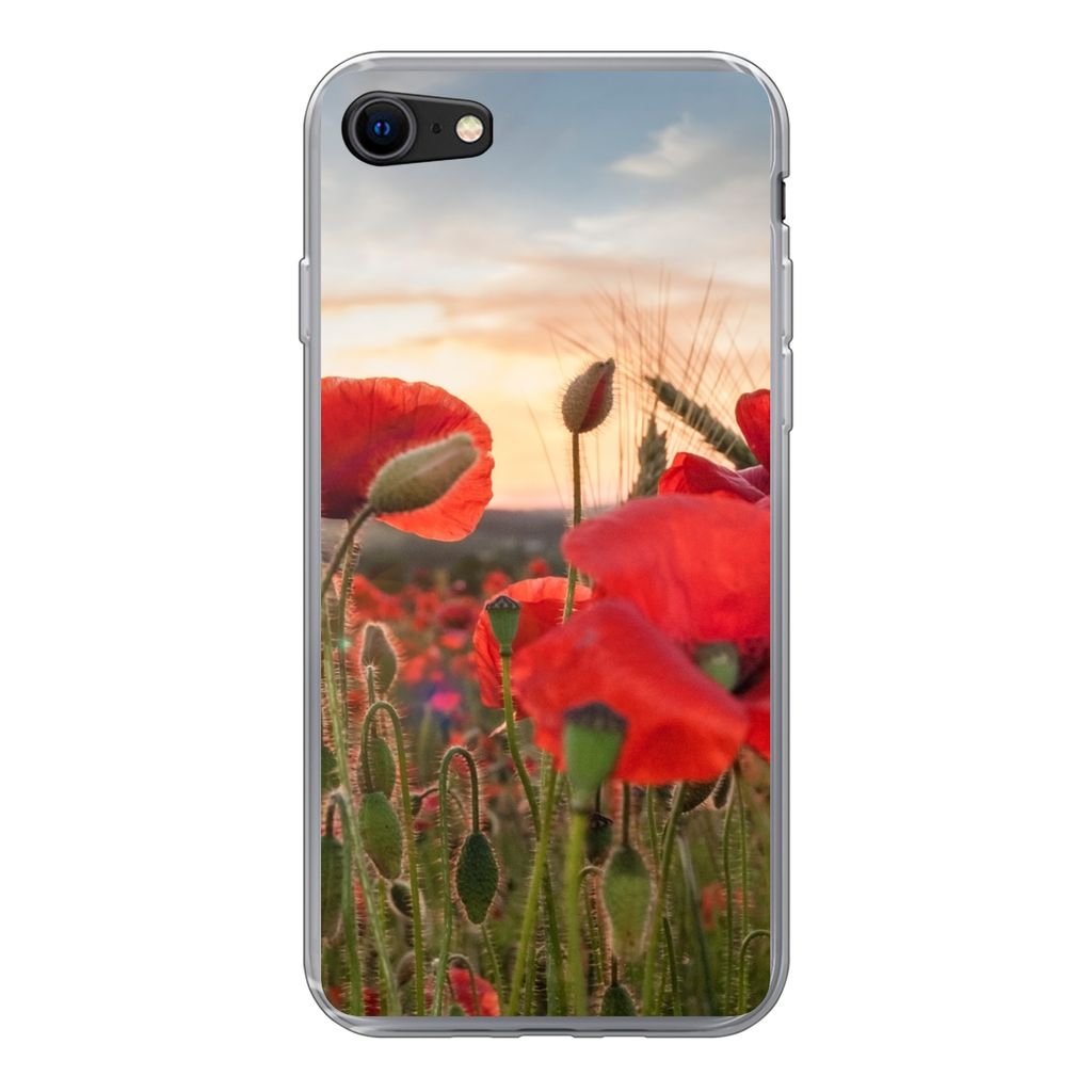 MuchoWow Handyhülle Schutzhülle Hülle für iPhone SE 2020 Sonnenuntergang hinter den schönen Mohnblumen Silikon Softcase Handy Hülle - Karte...