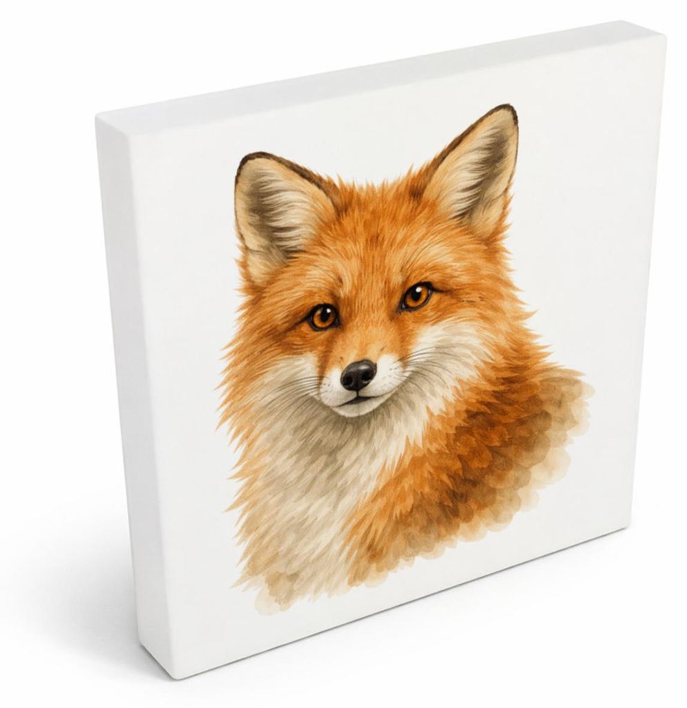 Wild Eyes Fuchs Porträt Holzbild in 10x10 cm zum Stellen oder Aufhängen