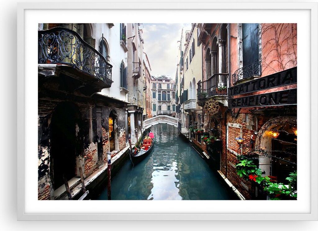 Gerahmtes Poster - Weißer Rahmen - Boot Brücke Tourismus Venedig - 70x50 cm - Wand Bild - Wanddeko - Wandbilder - Wandposter - Bilderrahmen - Bil...