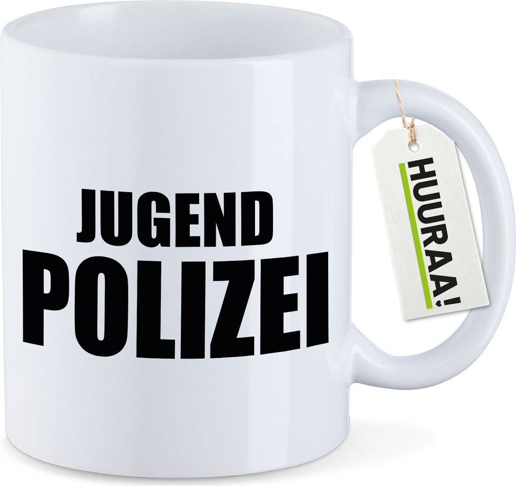 Huuraa Kaffeetasse Jugend Polizei Schriftzug 330ml Weiß Keramik Kaffeebecher Geschenkidee
