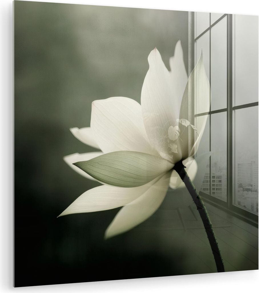 MuchoWow Glasbilder - Bilder auf Wandbild - Foto auf Glas Weiß - Lotus - Dunkel - Blume 90x90 cm Wanddekoration aus Glas - Acrylglasbild - Acrylbi...