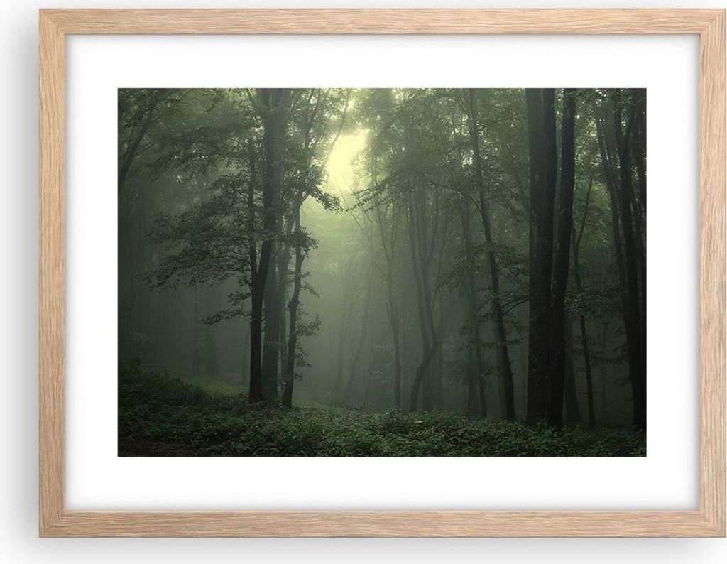 Gerahmtes Poster - Rahmen in heller Eiche - Wald Nebel Baum - 40x30 cm - Wand Bild - Wanddeko - Wandbilder - Kunstposter - Wandposter - Bilderrahme...
