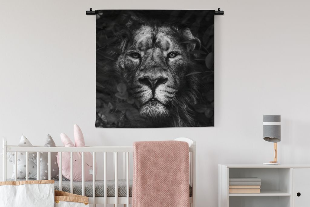 MuchoWow Wandteppich Wandbehang Löwe - Tiere - Dschungel - Schwarz - Weiß 90x90 cm Tapisserie Dekoration Wandtuch - Wandaufhänger