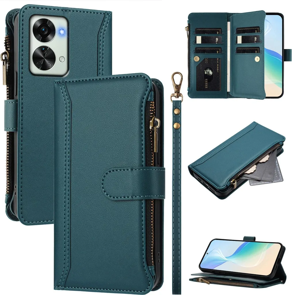 Custodia per OnePlus Nord 2T, con cerniera, portafoglio Custodia flip in Finto cuoio con tasche per carte, supporto e passante per mano verde