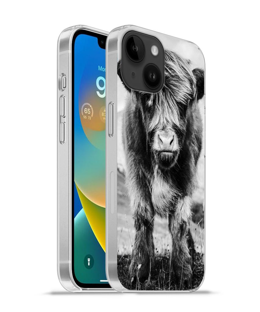 MuchoWow Handyhülle Schutzhülle Hülle für Apple iPhone 14 - Softcase Schottischer Highlander - Berg - Schwarz - Weiß Silikon Softcase Handy ...