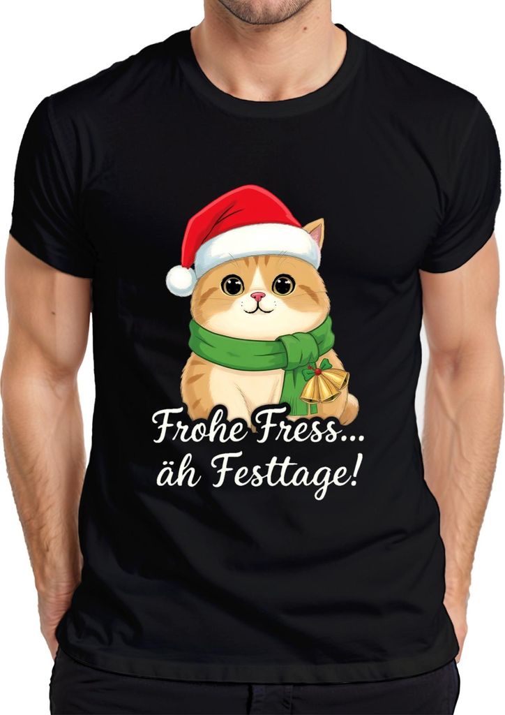 Frohe Fress äh Festtage Kätzchen Weihnachtsmann niedlich Herren T-Shirt, Schwarz, S