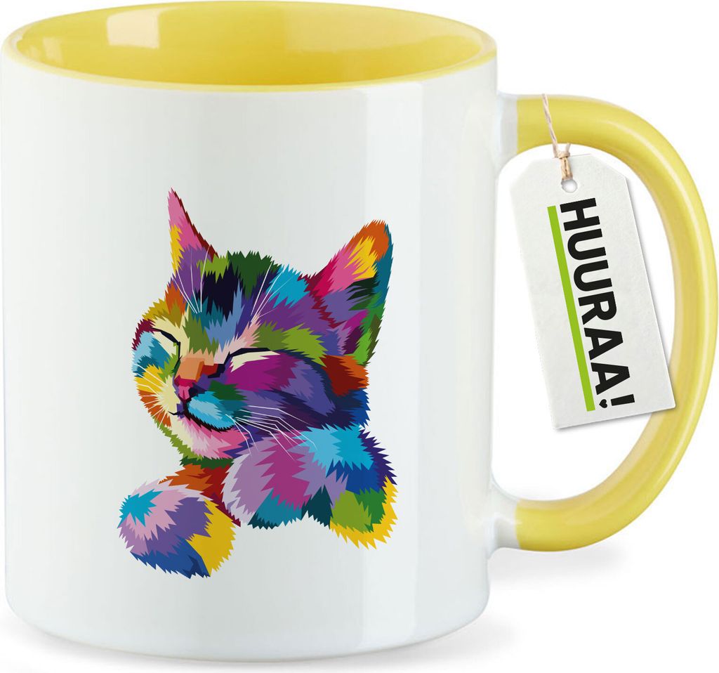 Huuraa Kaffeetasse Katze Colorful 330ml Gelb Keramik Kaffeebecher Geschenkidee