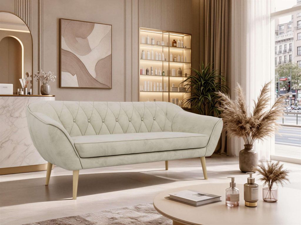 MKS MEBLE Skandinavisches Sofa 3-Sitzer, Sofa mit Wellenfederung, Buche Füße, Breite 180 cm Couch mit Holzbeinen - Beige Velvet