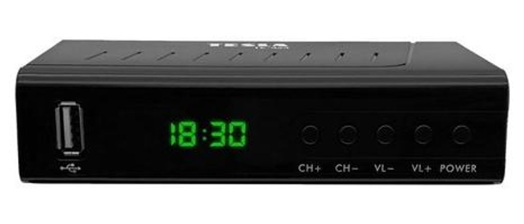 A black digital set-top box with a green digital display.