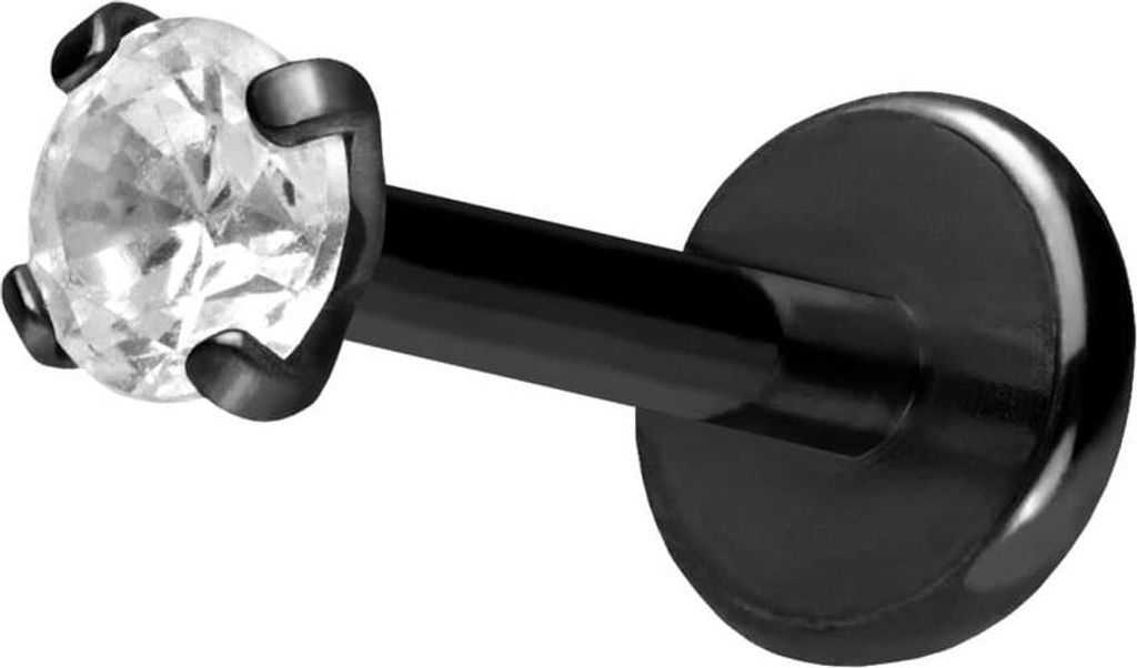 Ohrpiercing, Nasenpiercing Titan Labret mit Push Fit EINGEFASSTER KRISTALL Schwarz Stablänge: 10mm | Stabstärke: 1mm | Kristallgröße: 2,5mm