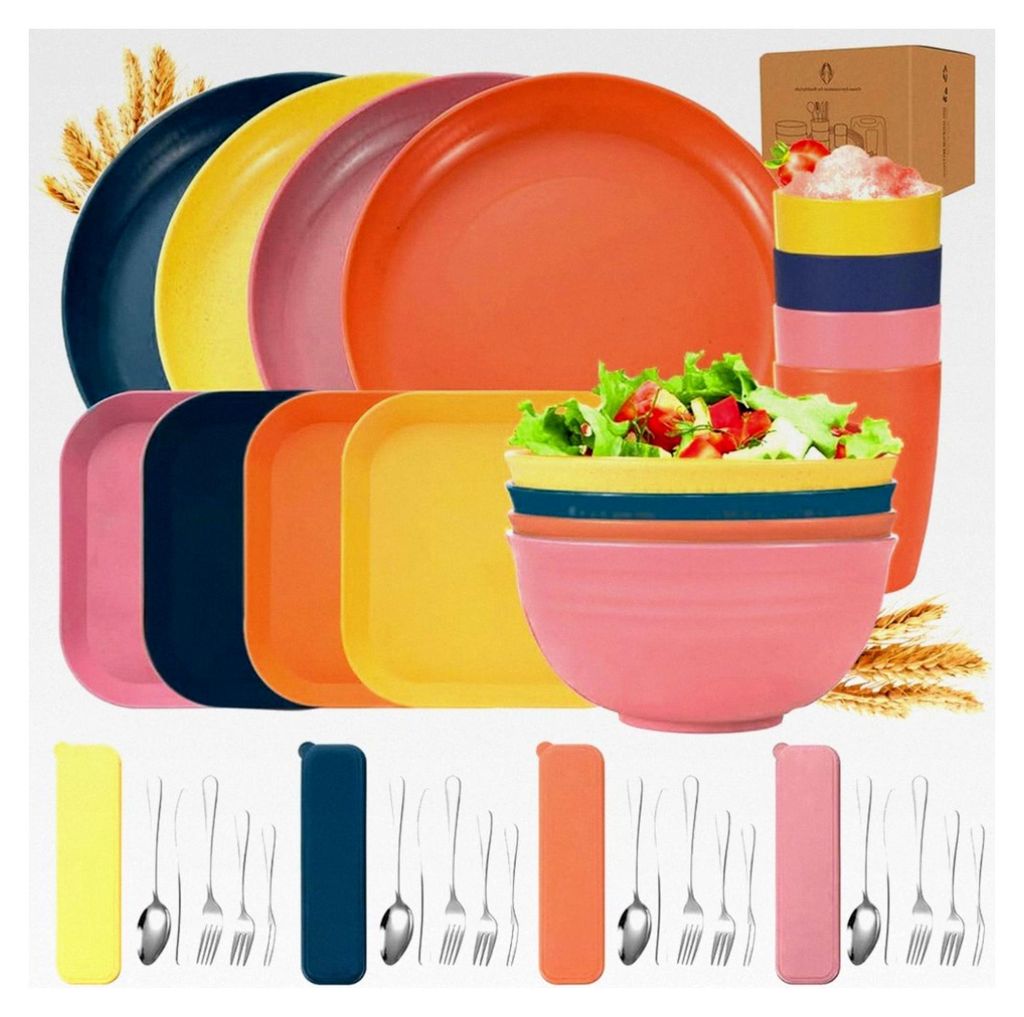 Camping Geschirr Set, Plastikgeschirr mit Edelstahl Campingbesteck, Unzerbrechliches Geschirr Set, Leicht, Farbenfroh und Wiederverwendbar für Pic...