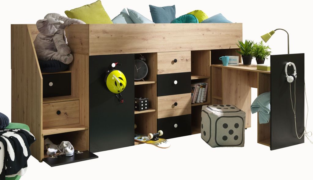 Etagenbett für Kinder SMART 3 Stockbett mit Treppe, Kleiderschrank und Schreibtisch (Artisan Eiche + Schwarz matt, Seite: Links)
