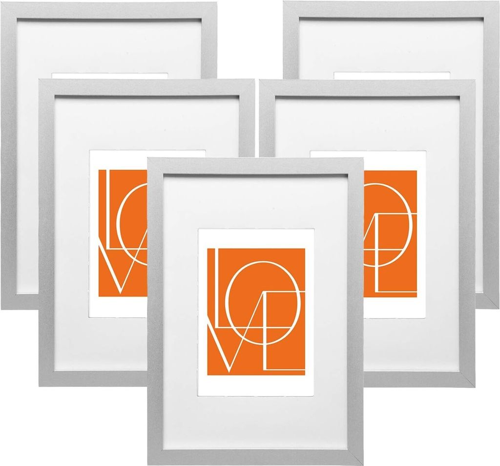 WOLTU 5er Set Bilderrahmen Fotorahmen Holzrahmen, Fotogalerie mit Papier-Passepartout, aus MDF Platte Silber, 21x29.7 cm (A4)