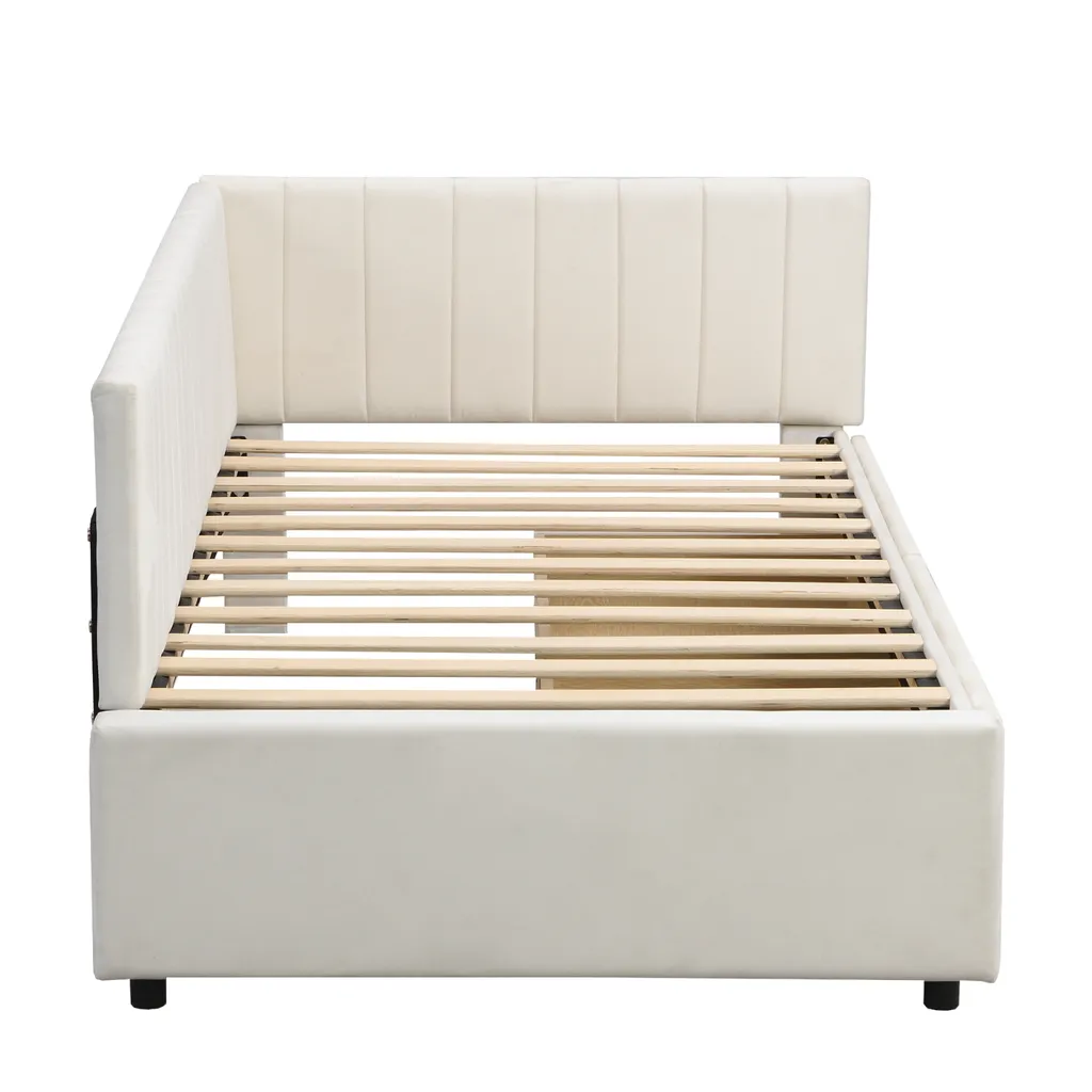 Canapé-lit Rembourré 90x200 cm en Velours Beige avec Tiroirs de Stockage