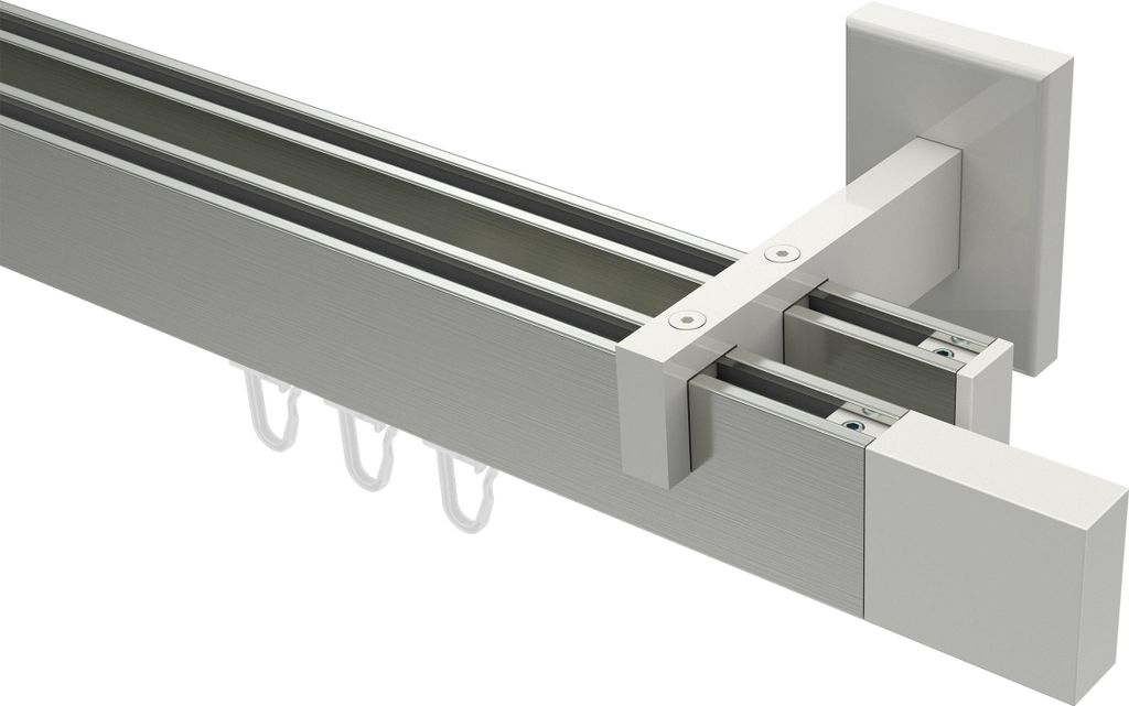 Interdeco Innenlaufstange / Gardinenstange mit Innenlauf Edelstahl-Optik / Weiß, Typ Smartline Lox (Quader), 14x35 mm 2-läufig, 280 cm