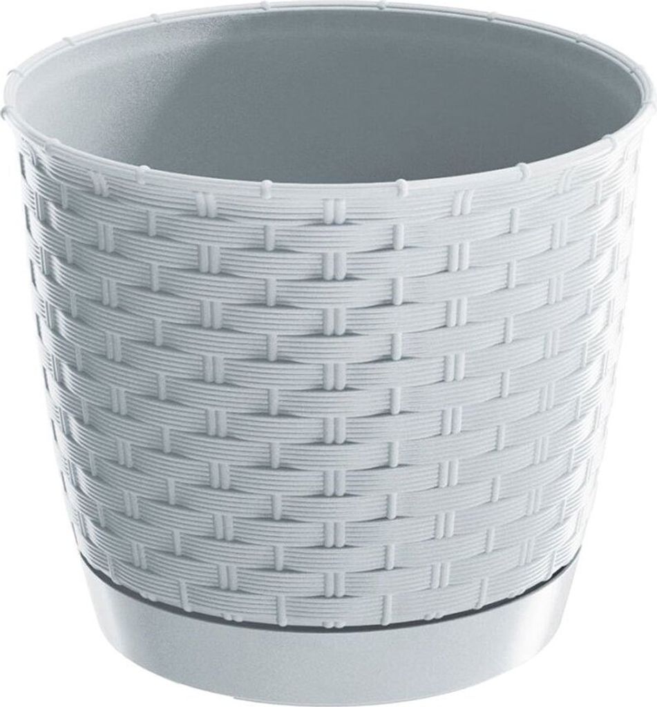 A white round planter with a woven texture and a matching saucer, shown against a white background.