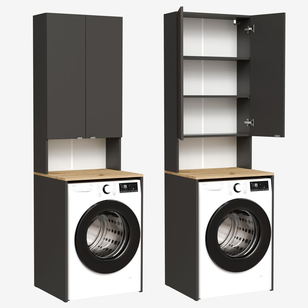 Two identical laundry cabinets with washing machines underneath, shown from the front.