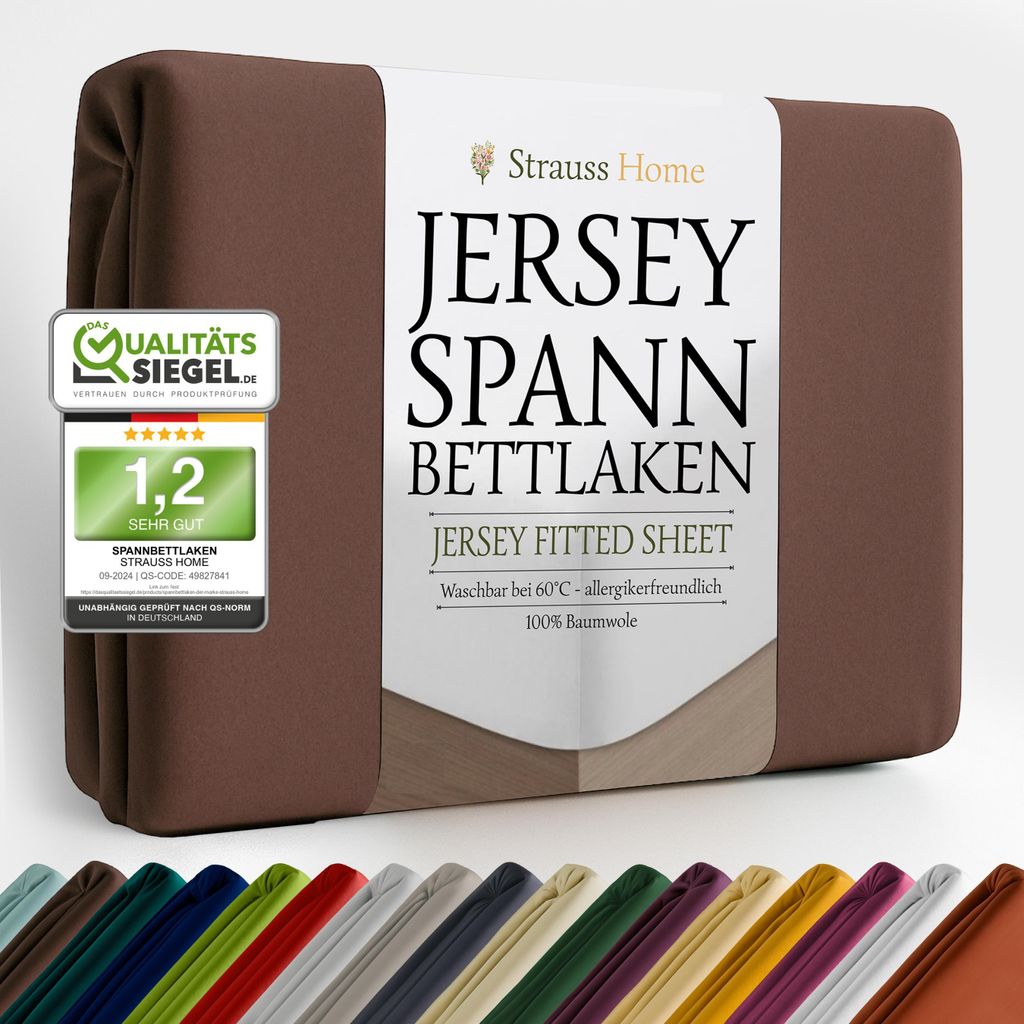 A folded brown jersey fitted sheet is shown with a label and a row of different colored sheets below.