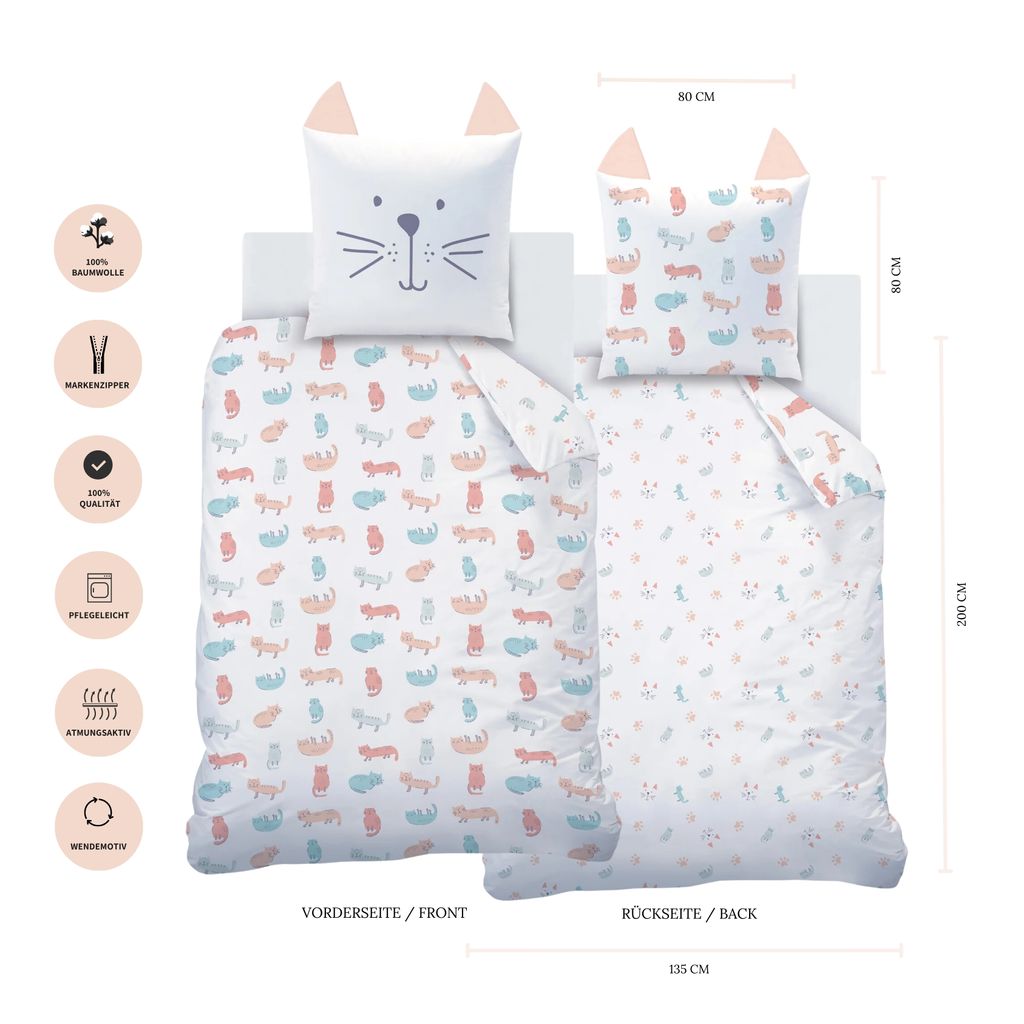 Katze Bettwäsche Set 135x200 + 80x80, 100% Baumwolle Produktbild 2