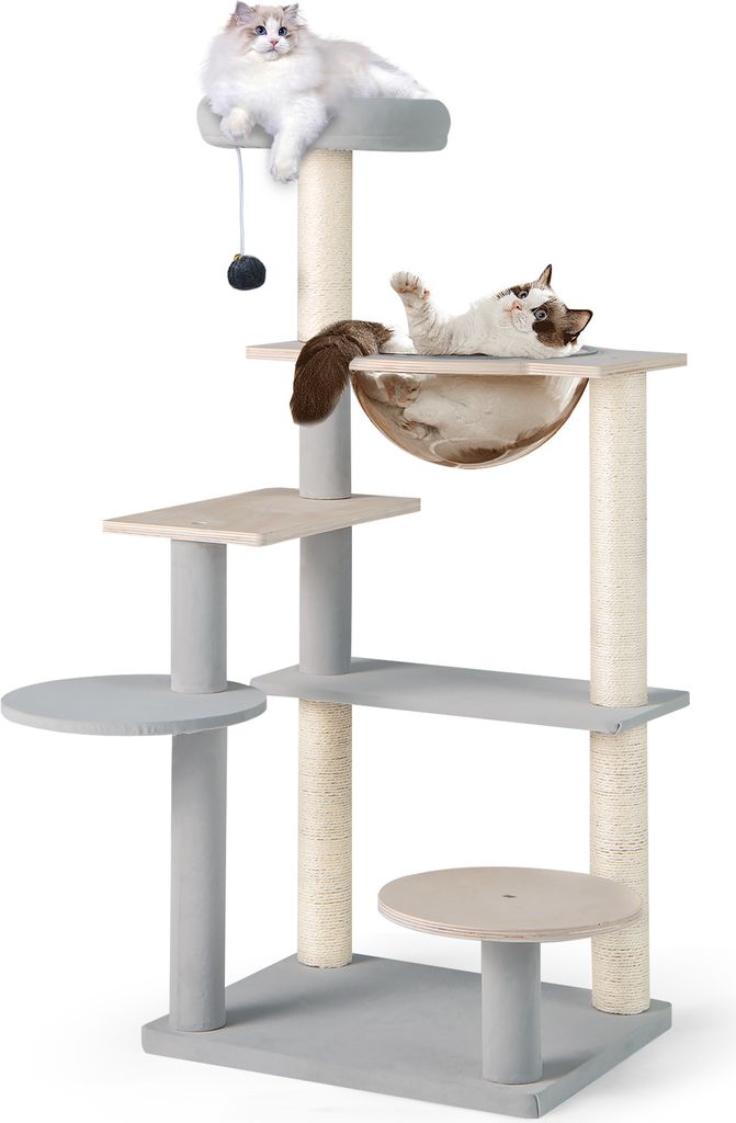 COSTWAY Kratzbaum 113cm, Katzenbaum Katzenmöbel klein mit Plattformen, Raumkapsel, Sisalpfosten & Spielzeug, Aktivitätsbaum Kletterbaum Holz Grau
