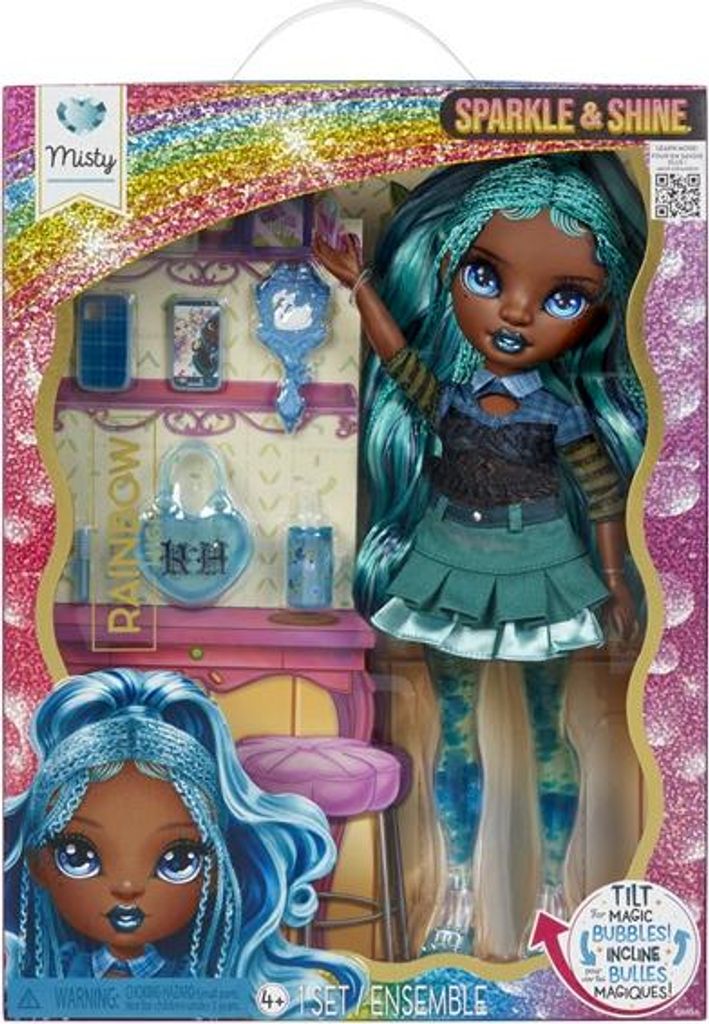 A Rainbow High doll named Misty in her "Sparkle & Shine" packaging, which includes accessories and a backdrop.