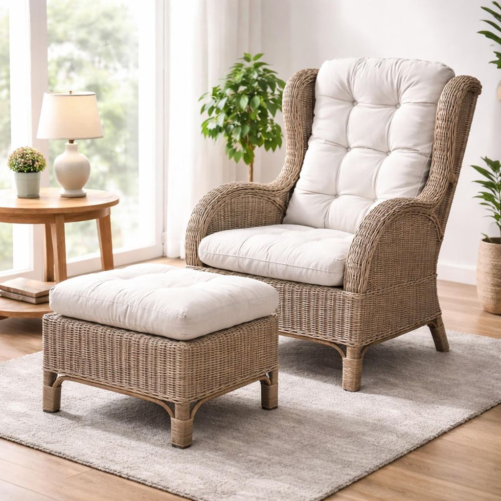 Rattan Relaxsessel mit Fußhocker inklusive Sitzpolster Produktbild 