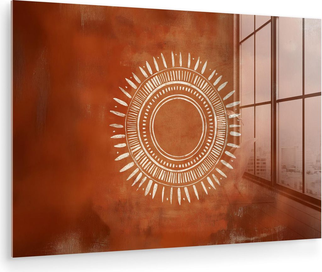 MuchoWow Glasbilder - Bilder auf Wandbild - Foto auf Glas Abstrakt - Linien - Sonnenstrahlen - Rötlichbraun 90x60 cm Wanddekoration aus Glas - Acr...