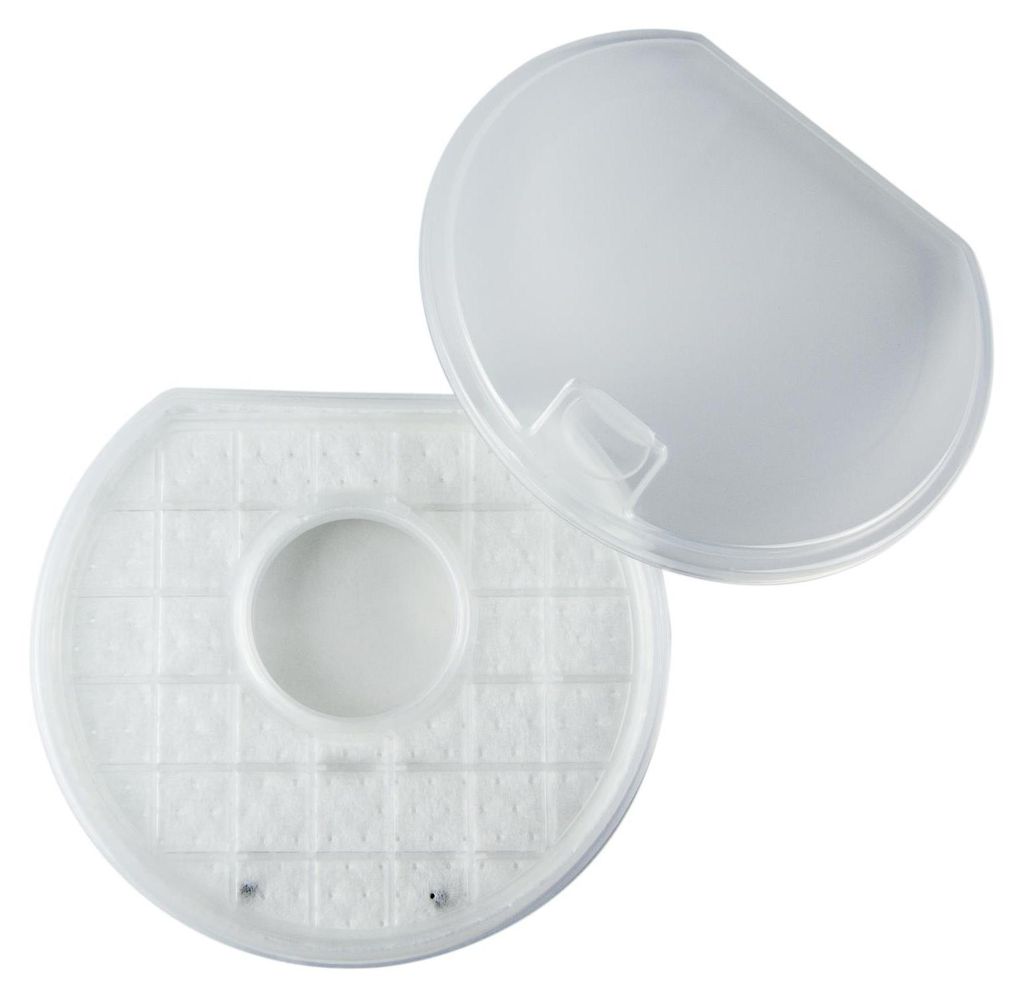 A white dust container with a filter and a transparent lid, presented on a white background.