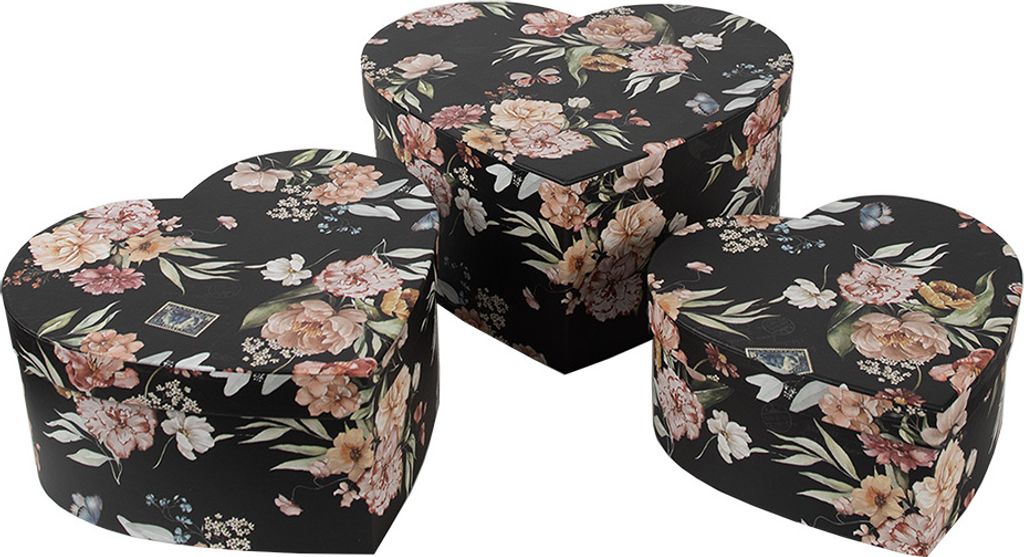 Clayre & Eef Aufbewahrungsbox 3er Set 28x26x14/24x23x12/21x20x10 cm Schwarz Karton Blumen